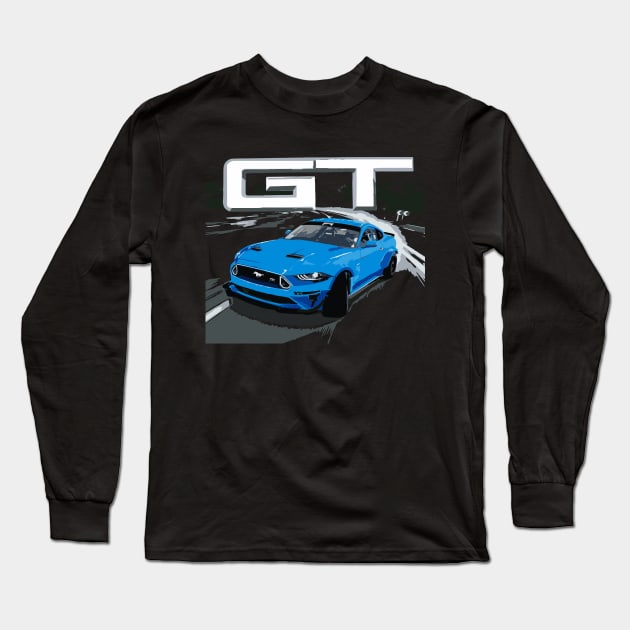 GT Mustang Grabber Blue Drift Burn Out Long Sleeve T-Shirt by cowtown_cowboy